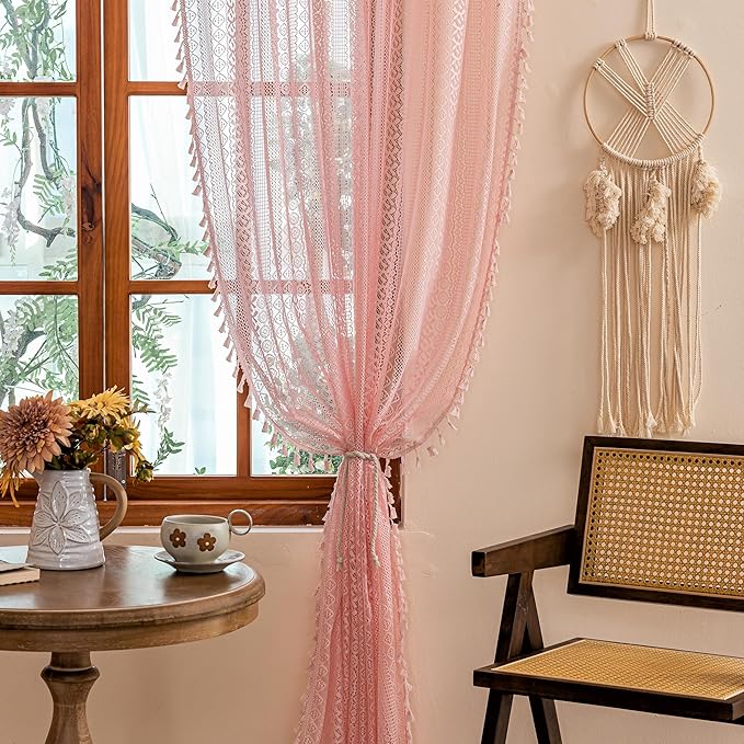 Sutuo Home Lace Sheer Boho Curtains for Bedroom Dining Room, Soft Plush Pink Bohemian Crochet Tassels Farmhouse Window Curtains Drapes Vintage Chic Decor, Rod Pocket 1 Panel 59" W x 96" L, Light Pink