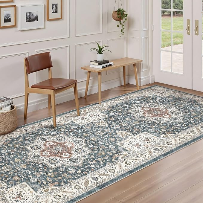 Vintage Hallway Runner Rug 3x12: Large Soft Washable Entryway for Kitchen Laundry Room Non-Slip Backing Runner for Entrance Living Room Bedroom Bathroom - Vintage Blue