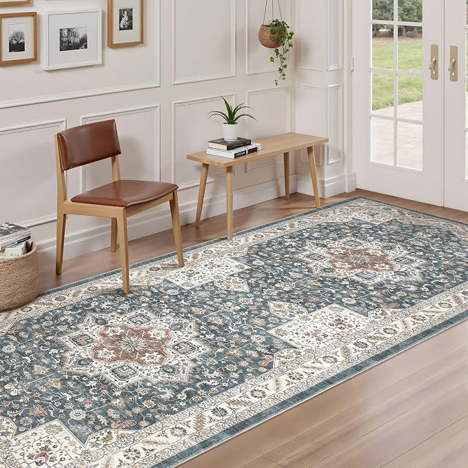 Vintage Hallway Runner Rug 3x8: Large Soft Washable Entryway for Kitchen Laundry Room Non-Slip Backing Runner for Entrance Living Room Bedroom Bathroom - Vintage Blue