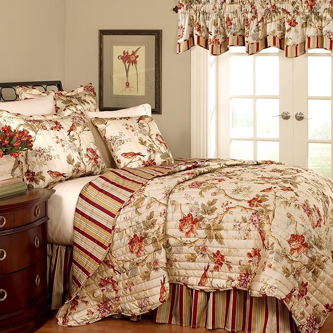 Waverly Charleston Chirp 3 Piece Quilt Set - 100% Cotton Light Weight Bedding with Bed Skirt & Pillow Shams - Twin Papaya