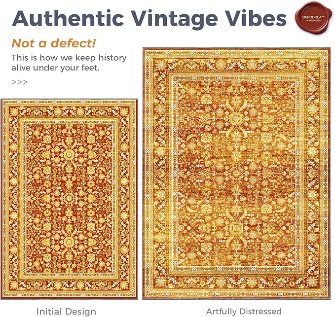 OPPODREAM Vintage Orange Round Rug 6ft, 6 ft Retro Washable Circle Rug Non Slip, Low-Pile Faux Wool Circular Carpet, Distressed Floor Mat for Living Room, Bedroom, Office, Dorm, Dinning Room