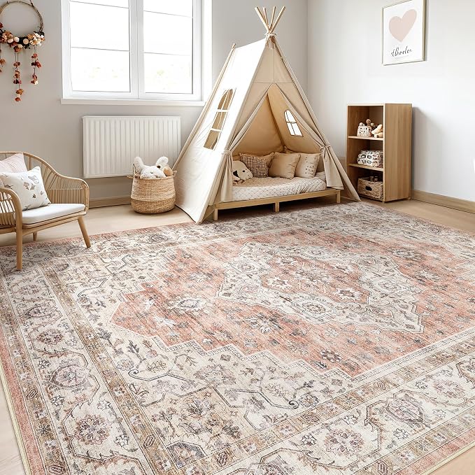 5x8 Area Rug Living Room: Washable Boho Large Neutral Vintage Soft Rug Stain Resistant Farmhouse Non-Slip Indoor Floor Retro Carpet for Bedroom Nursery Kids Office Dining Room- Pink Brown