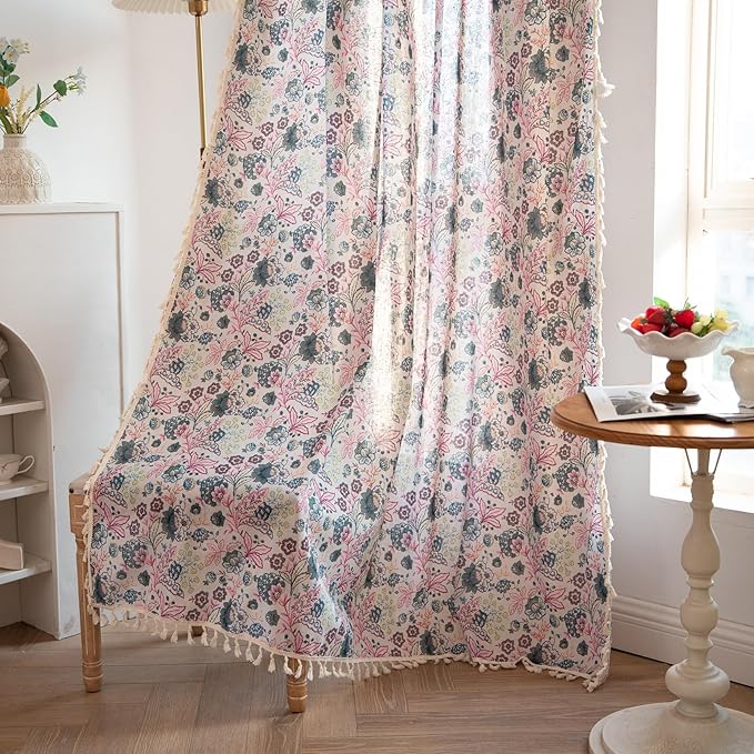 OYX Floral Curtains 84 Inch Length 2 Panels for Living Room, Bedroom Light Filtering Drapes, Farmhouse Vintage Country French Rustic Tassels Pattern Rod Pocket Aesthetic Decor Window Treatments