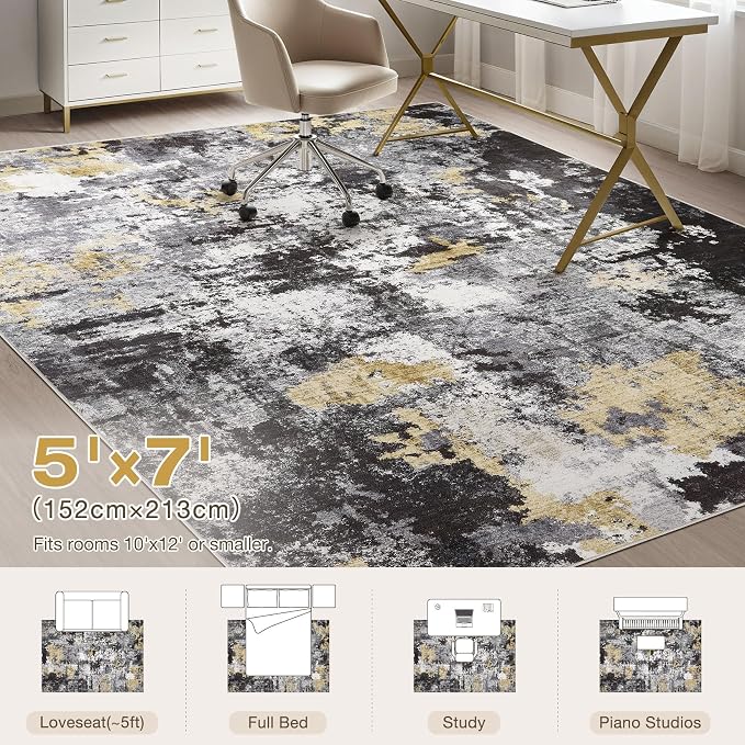 Abstract 5x7 Area Rug: Machine Washable Non Slip Ultra Thin Low-Pile Carpet, Soft Stain Resistant for Living Room Bedroom Nursery, Kid Pet Friendly, Robot Vacuum Compatible - Black Gold