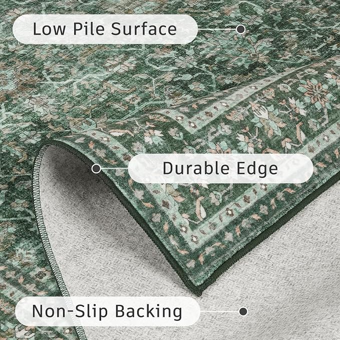 DCX Green 8x10 Rug, Kid & Pet Friendly with Rubber Back Non Slip, Machine Washable Stain Resistant Vintage Traditional Distressed Carpet, Rug for Living Room, Bedroom, Neutral Home Decor