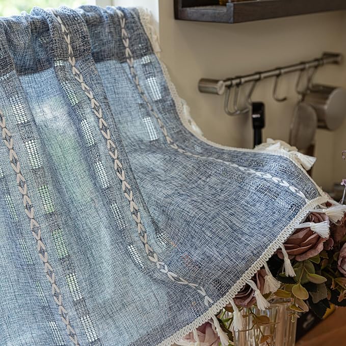 Deeprove Boho Valance Window Kitchen Curtain Over Sink, Textured Striped Drape Short Semi Sheer Privacy Tier Embroidered Chic for Cafe Restaurant Closet Bathroom, W52 x L18 inch 1 Panel Denim Blue