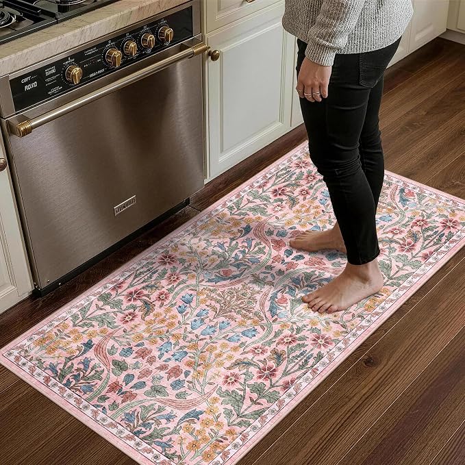 2x4 Washable Runner Rug Kitchen Hallway Area Rug Vintage Boho Floral Ultra Non-Slip Low Pile Soft Faux Wool Carpet Kids and Pets Friendly for Bathroom Bedroom Entryway Nursery Home Rug Pink