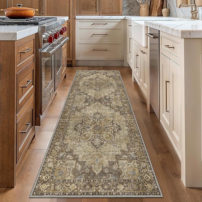 GENIMO 6x9 Area Rugs for Living Room, Machine Washable Non Slip Vintage Rugs, Low Pile Lightweight Print Rug for Bedroom, Dining Room, Home Office, Rustic Brown