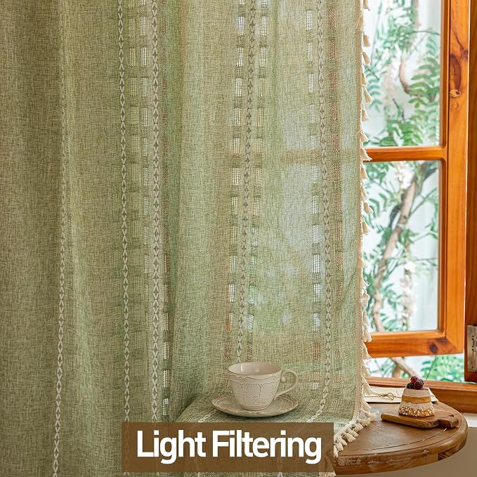 Sage Green Boho 96 inch Curtains 2 Panel Set for Living Room Dining room Floor to Ceiling , Light Filtering Tassels Privacy Country Vintage Christmas Bohemian Stripes Window Treatment Back Tab, 50"W