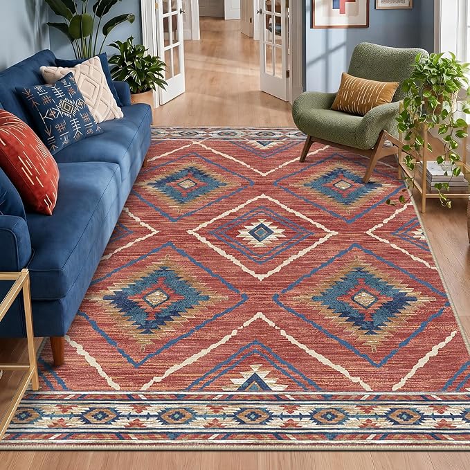 BESTSWEETIE Area Rug 6x9 Rug Machine Washable Non-Slip Low Pile Print Pattern Western Rug for Living Room Bedroom Entryway Tribal Series -Red/Orange