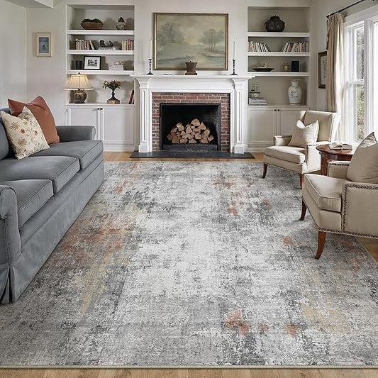 12x15 Area Rug Rust Grey Abstract Non Slip Soft Low Pile Washable Rug for Living Room Bedroom Dining Room Office Neutral Modern Indoor Extra Large Throw Carpet for Home Decor