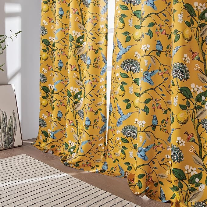 Extra Long 108 Inches Curtains for Large Window Luxury Mustard Yellow Floor To Ceiling Blackout Vintage Floral Hummingbird Fancy Grommet Drop Cloth Damask Drape for Living Room Dining 2 Pages 9FT