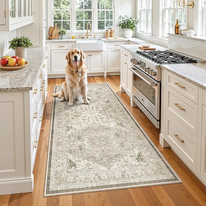 Madane Washable Runner Rug 3x6 Runners for Hallways Non Slip, Ivory/Brown | Vintage Stain-Resistant 6 Feet Kitchen Rug, Soft Low-Pile Ultra-Thin Floor Carpet Mat for Bathroom Laundry Room Bedroom 2x6ft