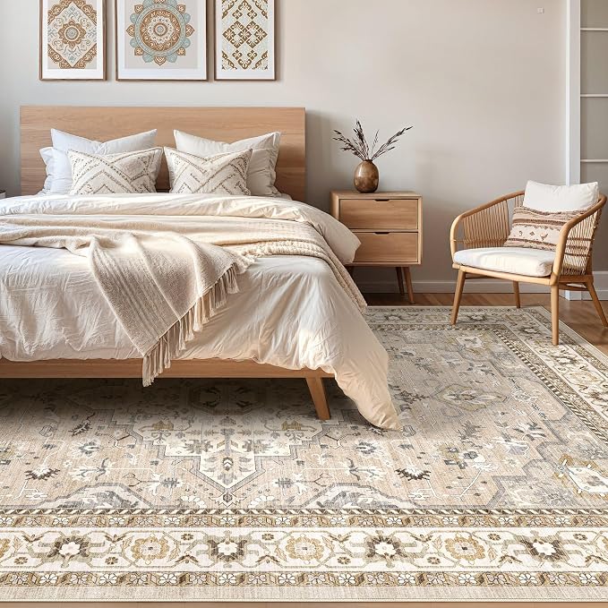 10x12 Area Rug Living Room: Washable Boho Large Neutral Vintage Soft Rug Stain Resistant Farmhouse Non-Slip Indoor Floor Carpet for Bedroom Nursery Kids Playroom Office Dining Room- Beige Grey