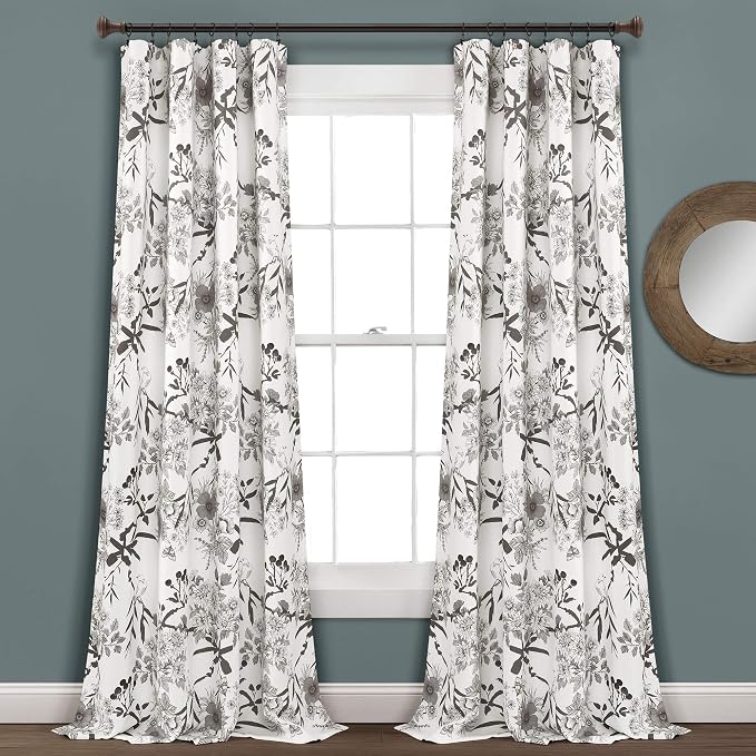 Lush Decor Botanical Garden Curtains Floral Bird Print Light Filtering Window Panel Drapes Set for Living, Dining, Bedroom (Pair), Gray & White, 52"W x 84L"