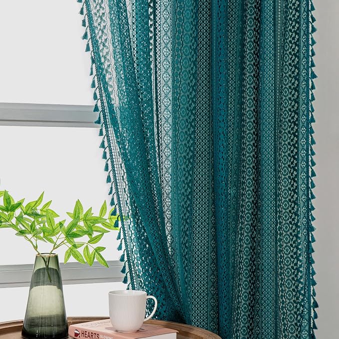 WAZZIO Boho Lace Curtains 72 Inches 2 Panel,Light Filtering Privacy Tassel & Geometry Crochet Semi Sheer Curtain Drapes for Bedroom Living Dining Room,Rod Pocket & Tassel,Coastal Style,Teal