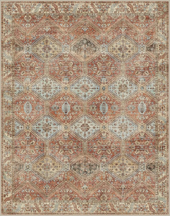 GENIMO 3x5 Area Rugs for Living Room, Machine Washable Non Slip Rugs, Low Pile Lightweight Print Rug for Bedroom, Dining Room, Home Office, Vintage Brick Red
