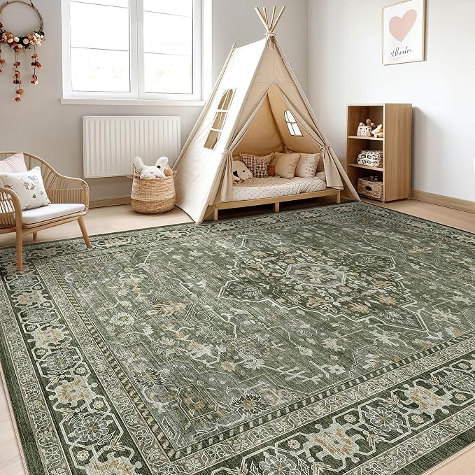 10x12 Area Rug Living Room: Washable Boho Large Neutral Vintage Soft Rugs Stain Resistant Farmhouse Non Slip Indoor Floor Carpet for Bedroom Nursery Kids Playroom Office Dining Room Home- Dark Green