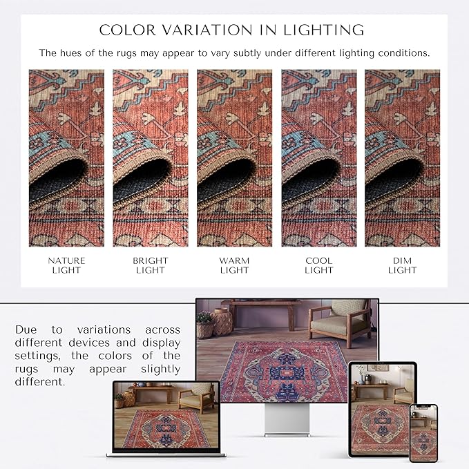 Brick Color Oushak Large Area Rug 8x10 - Washable Boho Rug Vintage Turkish Non-Slip Carpet Non-Shedding Extra Large Area Rugs for Living Room, Dining, Bedroom, Lounge, Farmhouse