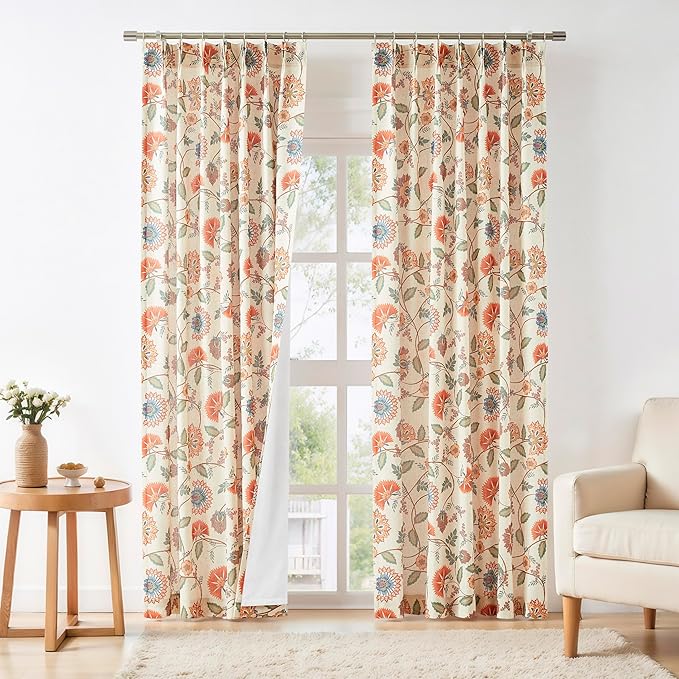 Vision Home Pinch Pleat Linen Light Filtering Curtains Panels, Vintage Botanical Floral Jacobean Print Window Drapes with Microfiber Liner & Back Tab Hooks for Living Room Bedroom, 40x90 Inch Set of 2