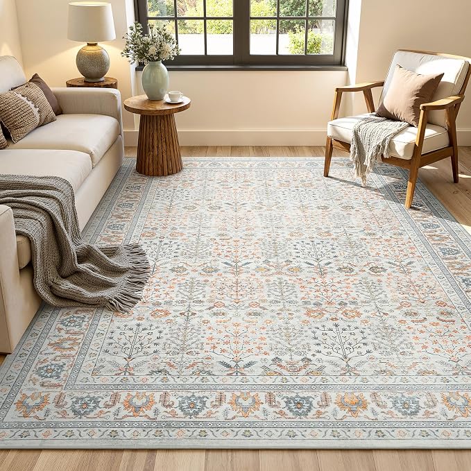 Lofus 5x7 Washable Beige Area Rug for Living Room Bedroom Non-Slip Low Pile | Soft Boho Vintage Area Rugs for Bedroom Dinning Room Home Office Indoor