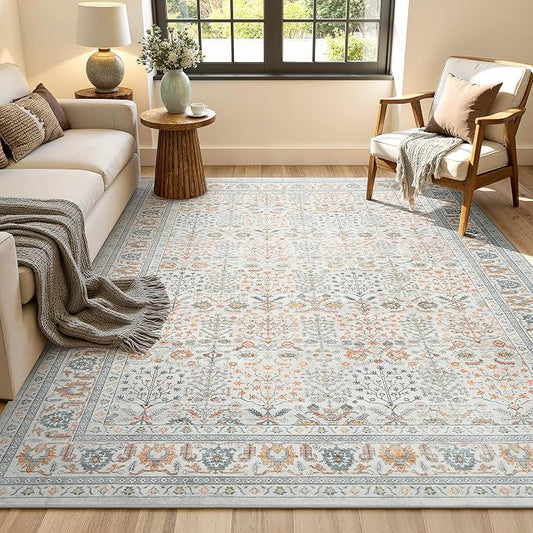 Lofus 5x7 Washable Beige Area Rug for Living Room Bedroom Non-Slip Low Pile | Soft Boho Vintage Area Rugs for Bedroom Dinning Room Home Office Indoor