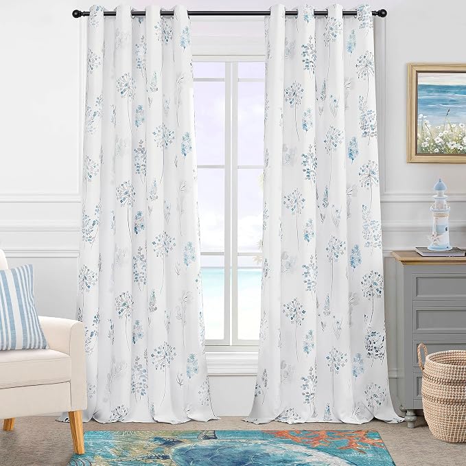 Blue and Grey Curtains 96 Inches Long for Bedroom 2 Panels Grommet Darkening Beautiful Minimalist Serene Flower Print Thermal Insulated 80% Blackout Extra Long Curtains for Living Room 96 Inch Length