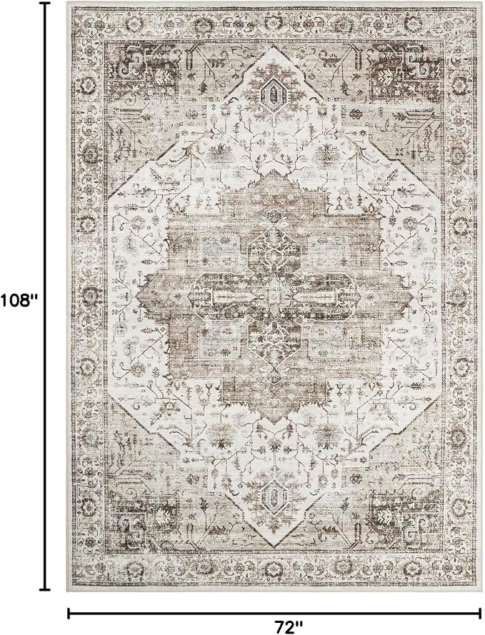 Roxstand Living Room 6x9 Washable Area Rugs, White/Brown | Large Area Rug, Non-slip Backing, Super-Soft Floral Vintage, Low Pile, For Living Room, Bedroom, Dining Room, Office