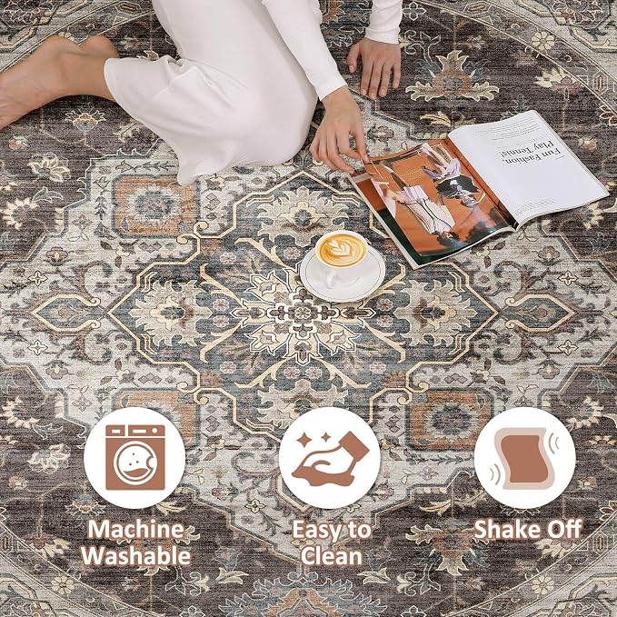 Round Rug Living Room Rugs: 8x8 Washable Boho Neutral Large Circle Soft Indoor Floral Stain Resistant Floor Farmhouse Carpet for Bedroom Nursery Kids Playroom Office Dining Room Dorm- Grey Brown