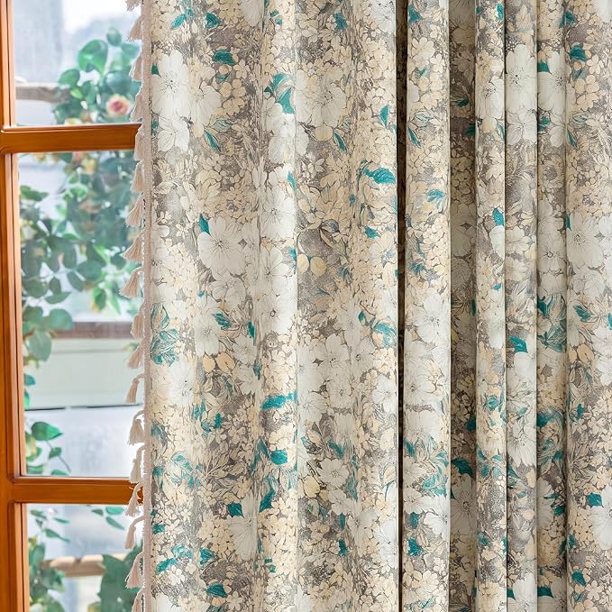 OYX Boho Floral Curtains 96 Inch, Linen Farmhouse Flower Drapes with Lace & Tassels, Light Filtering Semi Sheer Curtains for Living Room Bedroom, 2 Panels