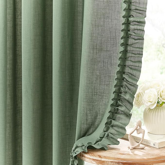 Dark Sage Green Ruffle Curtains 96 Inch Length, 2 Panels, W58xL96 In, Linen Textured Boho Farmhouse Flowy Curtains for Living Room Rod Pocket Privacy Light Filtering Semi-Sheer Scalloped Linen Curtain