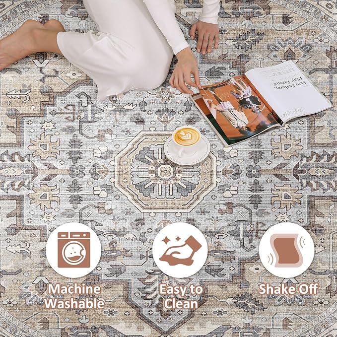 Round Rug Living Room Rugs: 8x8 Washable Boho Neutral Large Circle Soft Indoor Distressed Stain Resistant Floor Farmhouse Carpet for Bedroom Nursery Kids Playroom Office Dining Room Dorm- Cream Gray