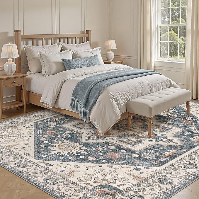 Area Rug for Living Room - 7x9 Washable Oriental Vintage Floral Distressed Large Soft Carpet - Fade Stain Resistant Non Slip Rugs for Bedroom Dining Room Nursery Dorm Office Home Decor - Vintage Blue