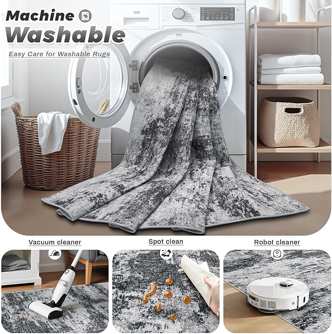 pmtsns Area Rugs 6x9 for Living Room: Washable Rug Modern Abstract Neutral Soft Non-Slip Low-Pile Indoor Carpet for Bedroom Dining Room Playroom Home Office (Black Grey, 6'x9')