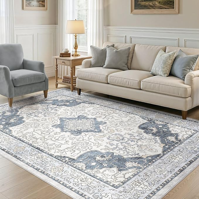 cotiled 9x12 Area Rug Machine Washable Vintage Carpet for Living Room Bedroom Soft Non-Slip Backing Floor Mat Kid & Pet Friendly Stain Resistant Light Blue