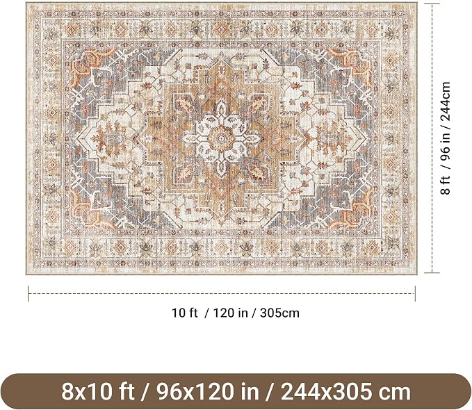 befbee Washable Area Rug 8x10, Large Soft Rugs for Living Room Stain Resistant Non-Slip Backing Rugs for Bedroom, Vintage Clearance Large Area Rug (Turmeric/Grey,8'x10')
