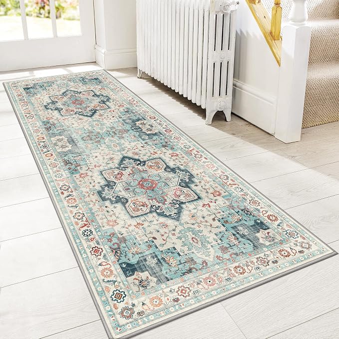 GENIMO Runner Rug 2x7 Non Slip Machine Washable Hallway Runner Rug, Low Pile Lightweight Rugs for Entryway, Hallway, Kitchen and Corridor, Turquoise & White