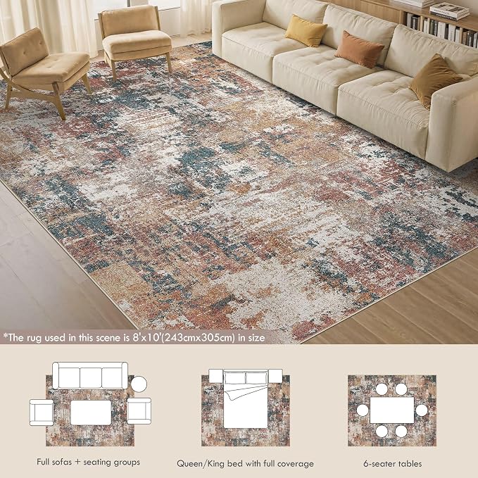 Tortania Washable 8x10 Area Rug for Living Room: Modern Abstract Neutral Large Soft Thin Rugs - Non Slip Indoor Carpet for Bedroom Dining Room Office Nursery Home Floor Decoration - Colorful Multi