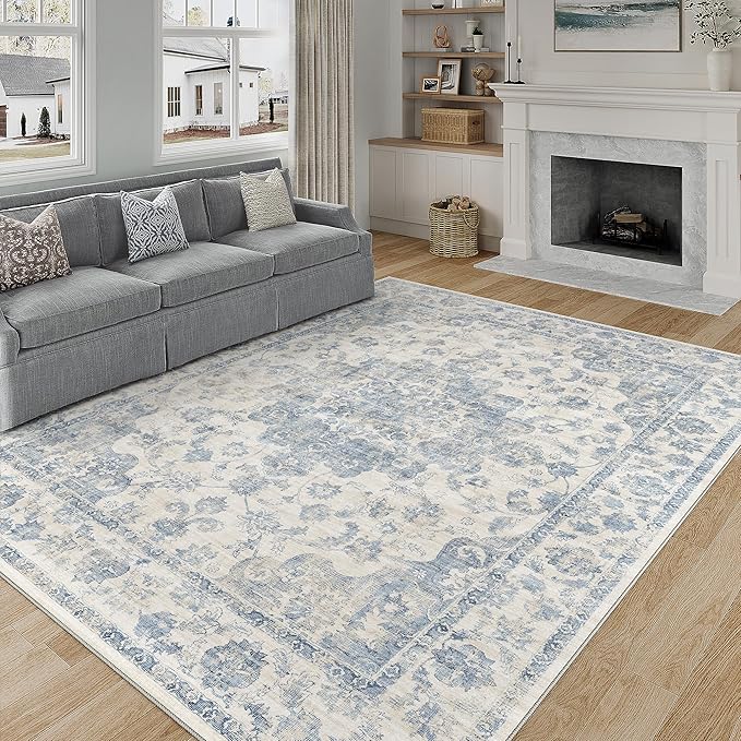 8x10 Washable Neutral Area Rug Blue Vintage Living Room Bedroom Carpet Non-Slip Soft Low Pile Farmhouse Indoor Large Throw Rug for Dining Room Office