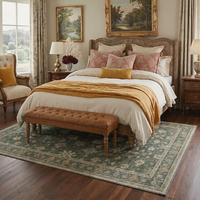 Bavni Area Rugs for Living Room, 5x7 Area Rugs Non-Slip Washable，Ultra-Thin Floral Vines Rug for Bedroom Dinning Room Office, Dusty Green