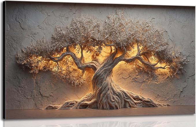 ZAWUDVC Large Tree of Life Wall Art, Neutral Nature Big Tree Botanical Canvas Print Poster, Rustic Stone Wall Decor for Living Room Bedroom Hotel, Earth Tone,