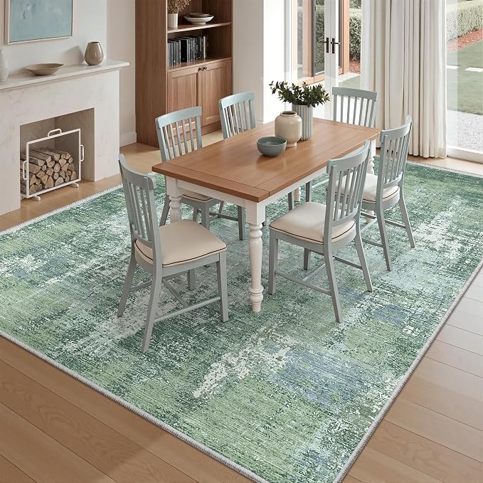 Valenrug Washable Rugs 5x7 - Stain Resistant 5x7 Area Rugs for Living Room, Non Slip Backing Abstract Rugs for Bedroom, Folable Machine Washable Area Rug(5'x7', Sage Green)
