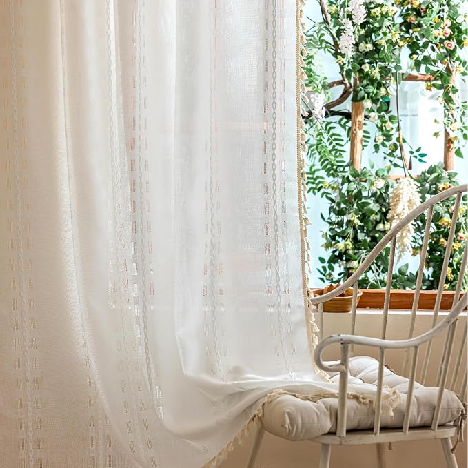 White Curtains 96 Inches Long 2 Pannel Set,Floor to Ceiling Light Filtering Tassels Privacy Living Room Curtains,Country Vintage Embroidery Window Treatment Back Tab, 50" W