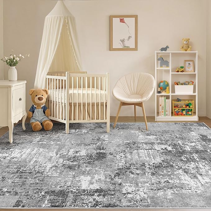 Tortania Washable 8x10 Area Rug for Living Room: Modern Abstract Neutral Large Soft Thin Rugs - Non Slip Indoor Carpet for Bedroom Dining Room Office Nursery Home Floor Decoration - Grey