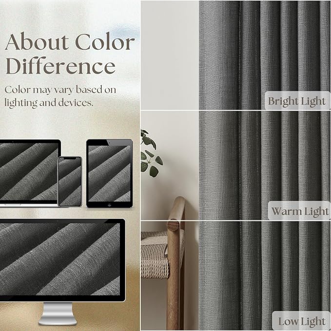 TWODRAPES Dark Grey 80 Inch Pinch Pleated Linen Curtains 2 Panel Set for Living Room Thick Linen Drapes 80 Inches Long Pinch Pleat Drapes Semi Sheer Curtain for Dining Bedroom Office Charcoal Gray