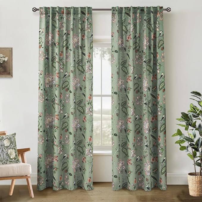 Green and White Curtains 96 Inches Long 2 Panel Set for Bay Window,70% Blackout Eclectic Art Nouveau Print Floral Patterned Cool Ceiling to Floor Length Curtain Drapes for Living Room Sunroom