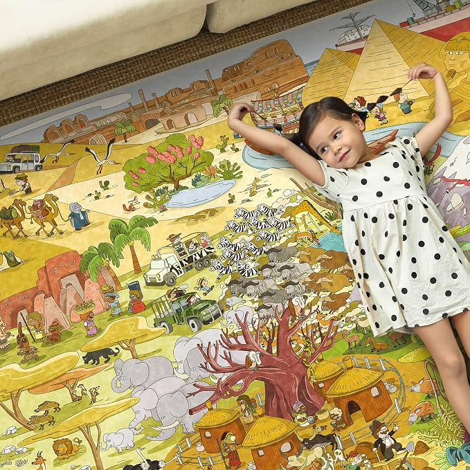Large Kids Playroom Rug 8x10 – Desert Adventure Safari Animal Map Carpet with Lions, Elephants, Giraffes & Tribes – Educational Area Rug for Boys & Girls Bedroom, Classroom, or Reading Nook
