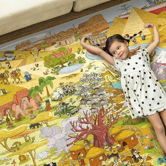 Large Kids Playroom Rug 8x10 – Desert Adventure Safari Animal Map Carpet with Lions, Elephants, Giraffes & Tribes – Educational Area Rug for Boys & Girls Bedroom, Classroom, or Reading Nook