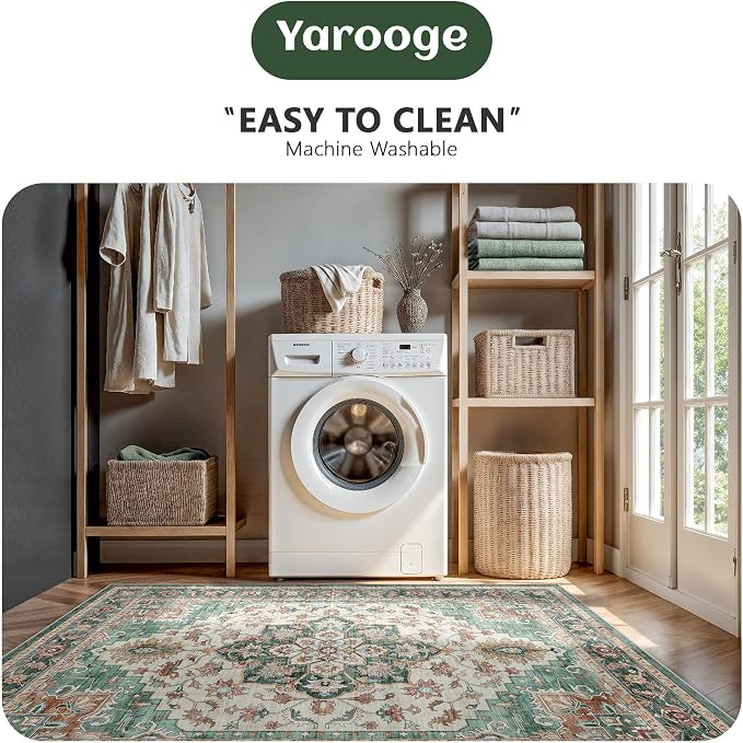 5x7 Area Rugs - Washable Rug Vintage Distress Boho Medallion Rugs for Living Room, Soft Non-Slip Backing Low Pile Carpet for Bedroom Dining Room Office Nursery Dorm Home, Green Brown
