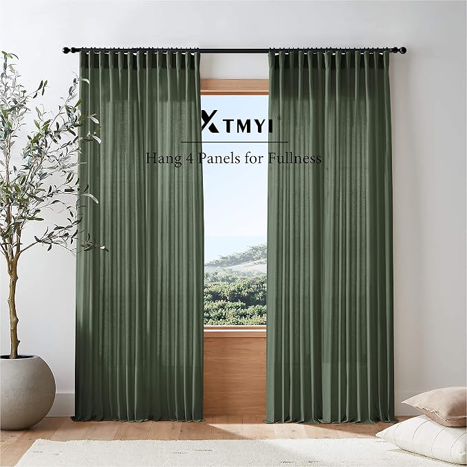 Extra Long 108 Inch Curtains for Large Window,Organic Modern Elegant Decor,Back Tab Pleated Drapes Pretty Linen Sheer Tall Curtains for Living Room Dining Office 2 Panel Set,50 Wide 9 FT,Olive Green